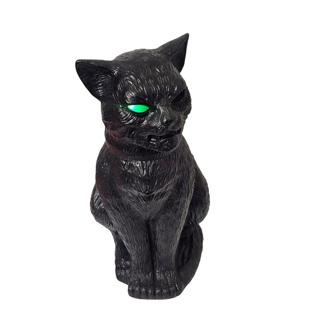 Halloween Black Cat Blow Mold Turning Head Screaming Green Glowing Eyes 15-3/4"